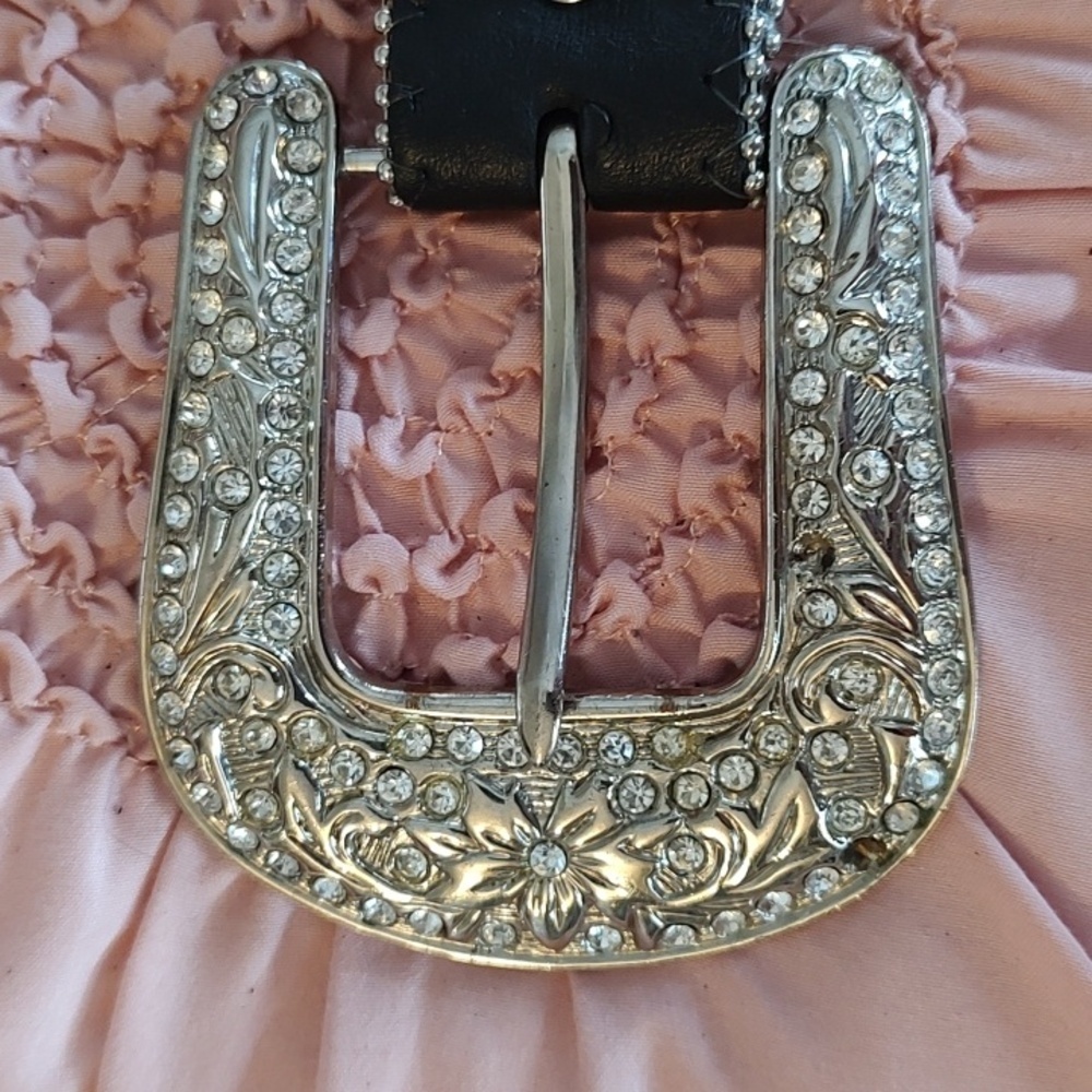 BLACK LEATHER SILVER and CRYSTAL EMBELLISHED BELT 36" - Picture 11 of 17